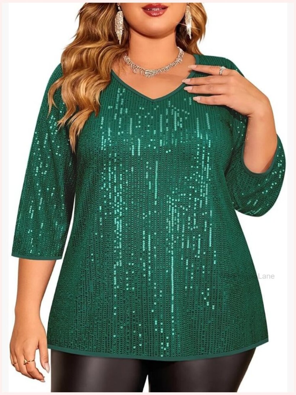 Plus Size Sequin Top V-Neck 3/4 Sleeve Sparkly Blouse Tunic Party Shirt